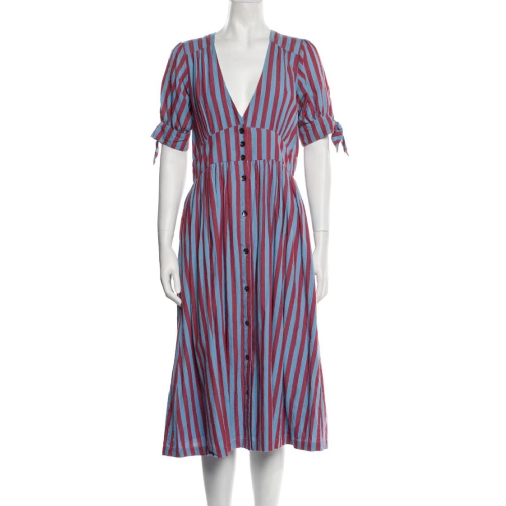 Pink Chicken Midi Dress Women XS Blue Red Striped V-Neck Tie Sleeve Boho